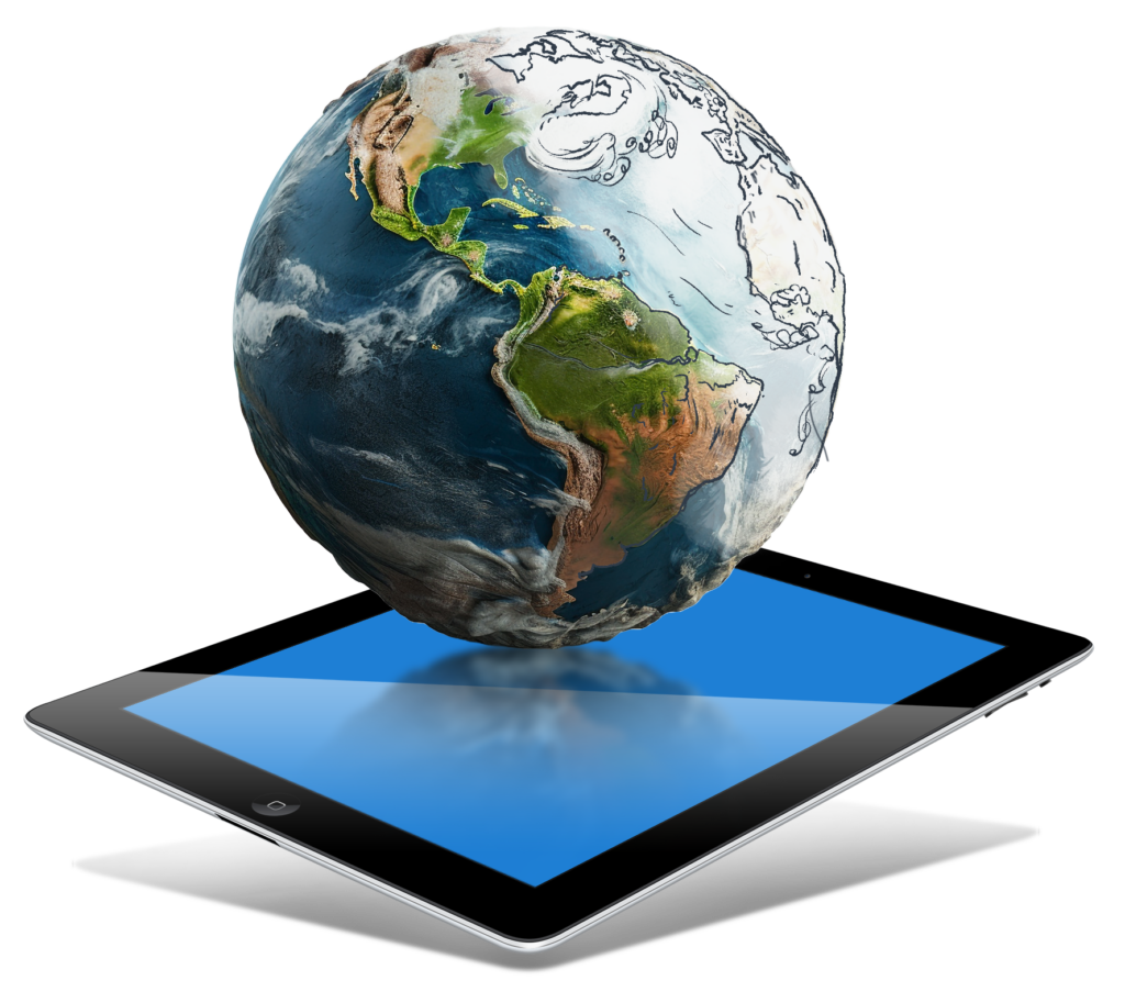 A 3D-rendered image of Earth emerging from the screen of a digital tablet. The left side of the Earth appears realistic with detailed textures of land, water, and clouds, while the right side transitions into a sketch-like drawing. The tablet has a reflective blue screen, giving the illusion that the globe is rising from it.