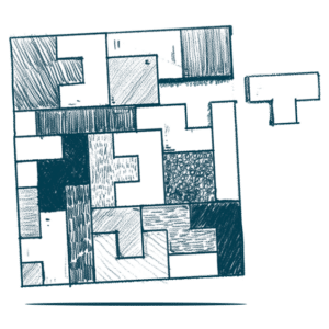 A hand-drawn, charcoal-style sketch of a square puzzle composed of interlocking geometric blocks, symbolizing a successful Staff Augmentation process within an EdTech project.