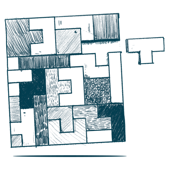 A hand-drawn, charcoal-style sketch of a square puzzle composed of interlocking geometric blocks, symbolizing a successful Staff Augmentation process within an EdTech project.