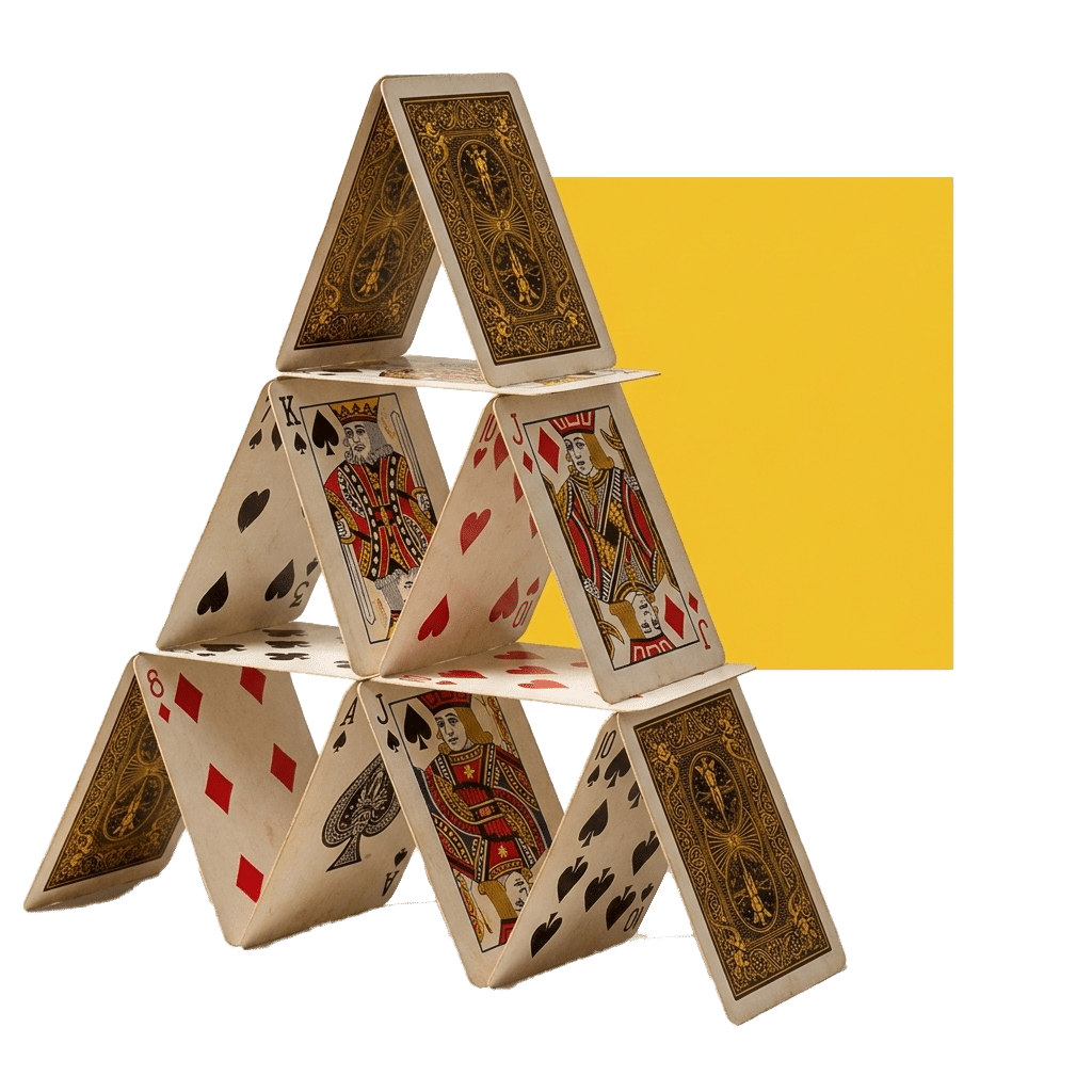 A three-tiered house of cards is built from an assortment of face and back-facing playing cards. The cards feature a classic, intricate gold, brown, and black design. In the second row, a red and gold Jack of Diamonds and a Jack of Hearts face outwards. In the bottom row, a Red Jack of Diamonds and an Ace of Spades face outwards. A large yellow square sits behind the cards to the right, against a plain white background. The image is a photograph taken from a slightly low angle, making the structure feel large. It is lit with soft, direct lighting.