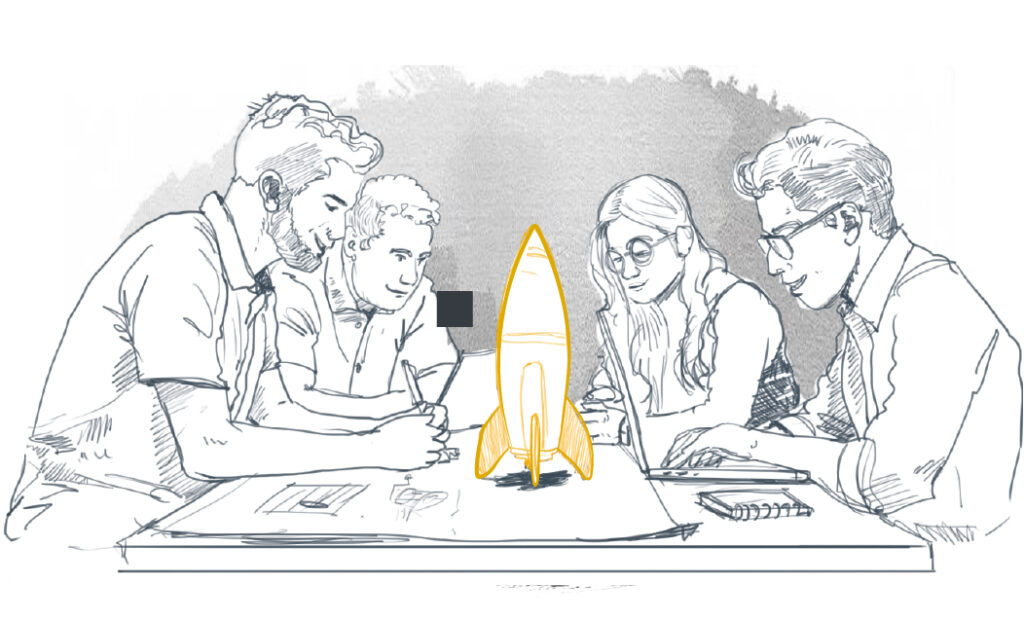 sketchy image of a group of people working on a table around a rocket as a methaphor of a new project