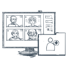 A visual representation of an online meeting, featuring four individuals in video call boxes and a folder icon indicating the option to invite collaborate.