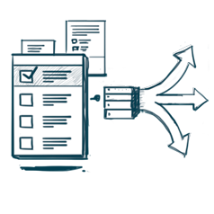 A hand-drawn style digital illustration depicting an online quiz with multiple questions, one of which is marked with a checkmark. Above the quiz, there are documents or forms. To the right, an abstract diagram shows data being processed and branching into three different arrows pointing in separate directions, symbolizing learning paths.