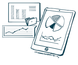 A hand-drawn illustration of a tablet device displaying a pie chart, surrounded by various charts and graphs, including a bar chart and a line graph. Folders are also visible in the background.