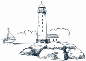 Line drawing of a lighthouse on rocks with a sailboat in the background, symbolizing guidance and direction