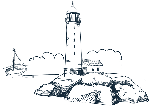 Line drawing of a lighthouse on rocks with a sailboat in the background, symbolizing guidance and direction