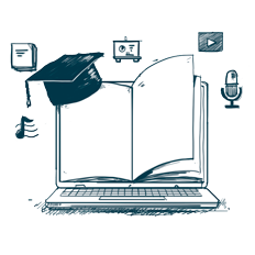 A sketch-style illustration of an open book resting on a laptop keyboard, with a graduation cap on top. Surrounding icons represent education and digital learning, including a microphone, a play button, a presentation screen, and a book.