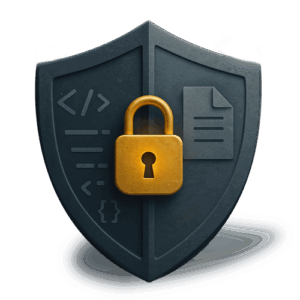 Shield icon with code and document symbols secured by a golden padlock, representing intellectual property protection for software and digital assets.