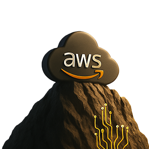 AWS Partner Network illustration: metallic AWS cloud emblem atop a rugged mountain peak with golden digital circuit lines, symbolizing innovation, collaboration, and cloud technology leadership