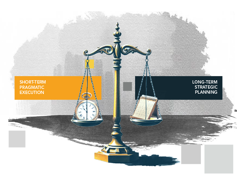 Scale graphic showing the balance between short-term pragmatic execution and long-term strategic planning