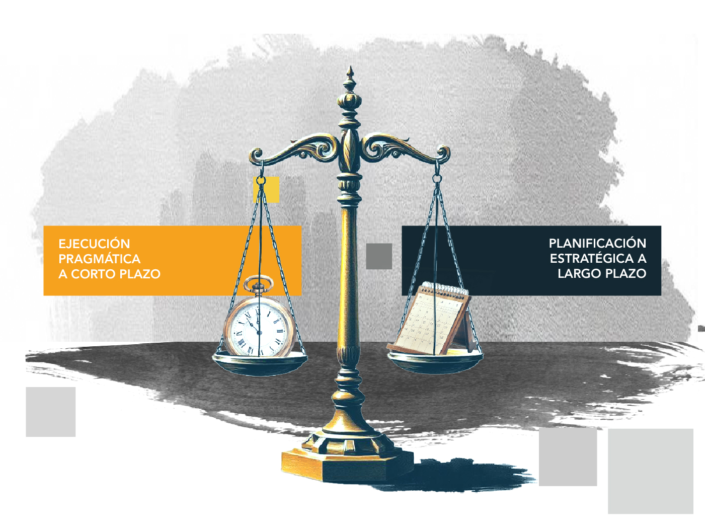 Representación visual del balance necesario entre la acción inmediata (Ejecución Pragmática a Corto Plazo) y la visión a futuro (Planificación Estratégica a Largo Plazo), simbolizado con una balanza.