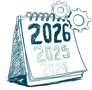 sketchy illustration of a calendar that shows the years 2026, 2025, 2024, each one more faded. Two gears