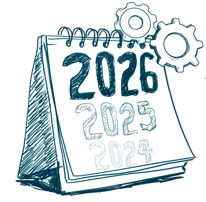 sketchy illustration of a calendar that shows the years 2026, 2025, 2024, each one more faded. Two gears
