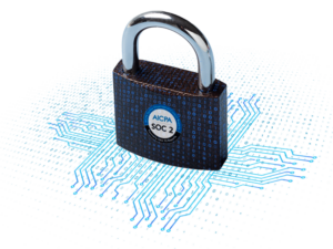 A padlock with the AICPA SOC 2 logo, symbolizing security and compliance