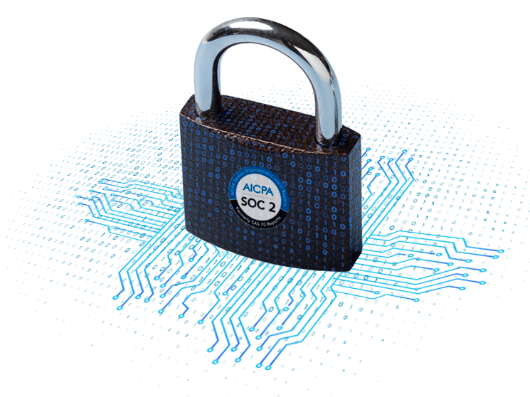 A padlock with the AICPA SOC 2 logo, symbolizing security and compliance