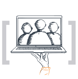 sketch style illustration of a hand holding a laptop. In the screen icons of three people, representing a team or group