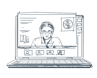 illustration of an e-learning platform with video conference, chat and other tools