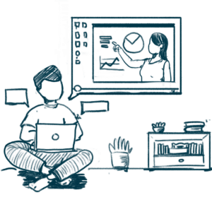 Hand-drawn illustration of an online tutoring session on a laptop, showing a student and a tutor connected via video call. Interface elements highlight student profile data, learning analytics, and a matching algorithm, representing a K–12 digital tutoring platform and education technology.