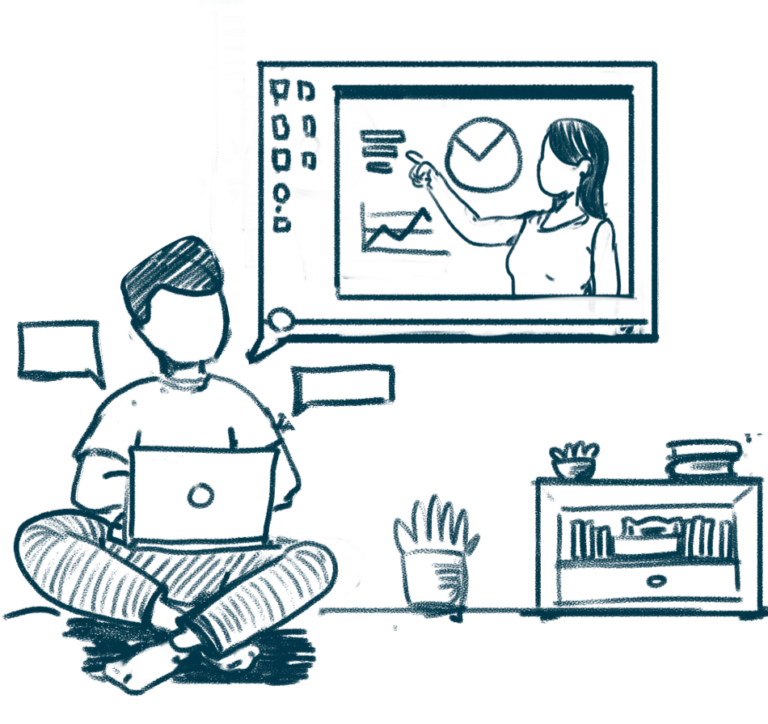 Hand-drawn illustration of an online tutoring session on a laptop, showing a student and a tutor connected via video call. Interface elements highlight student profile data, learning analytics, and a matching algorithm, representing a K–12 digital tutoring platform and education technology.