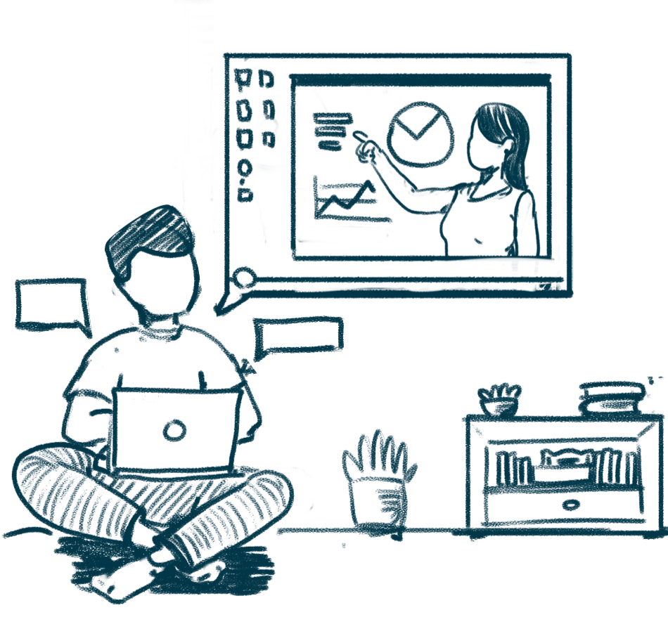 Hand-drawn illustration of an online tutoring session on a laptop, showing a student and a tutor connected via video call. Interface elements highlight student profile data, learning analytics, and a matching algorithm, representing a K–12 digital tutoring platform and education technology.