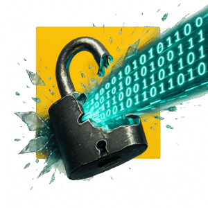 Broken padlock releasing binary code, symbolizing a data leak during an EdTech security breach.
