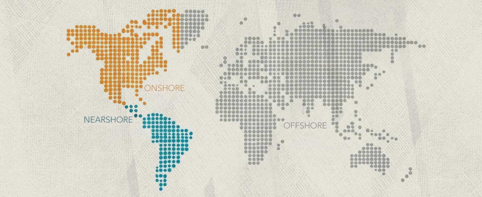 A stylized world map made of evenly spaced dots, color-coded by region: North America is mustard yellow and labeled "Onshore," Central and South America are teal and labeled "Nearshore," while Europe, Africa, and Asia are light gray and labeled "Offshore".
