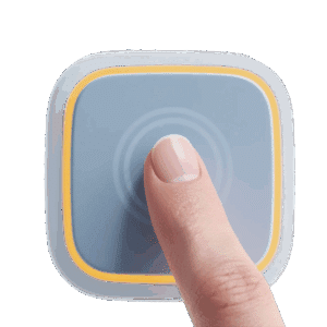 Close-up of a human finger pressing a blue button with a yellow focus ring, symbolizing accessible touch targets and WCAG 2.2 compliance.