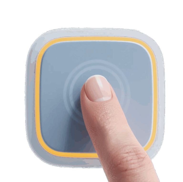 Close-up of a human finger pressing a blue button with a yellow focus ring, symbolizing accessible touch targets and WCAG 2.2 compliance.